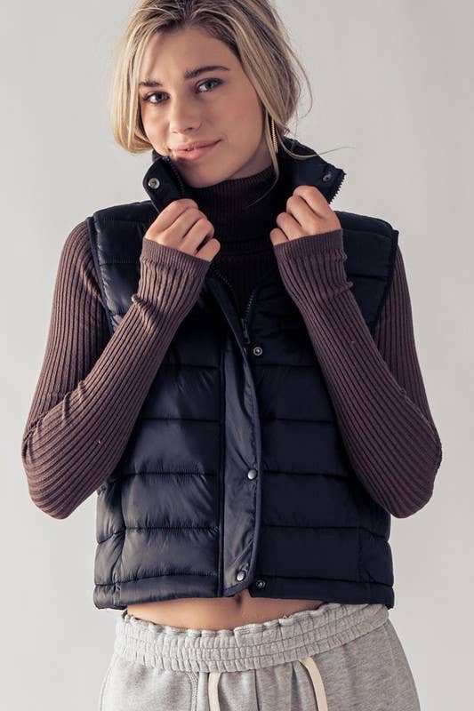 STRIPE QUILTED STAND COLLAR PADDED VEST JACKET