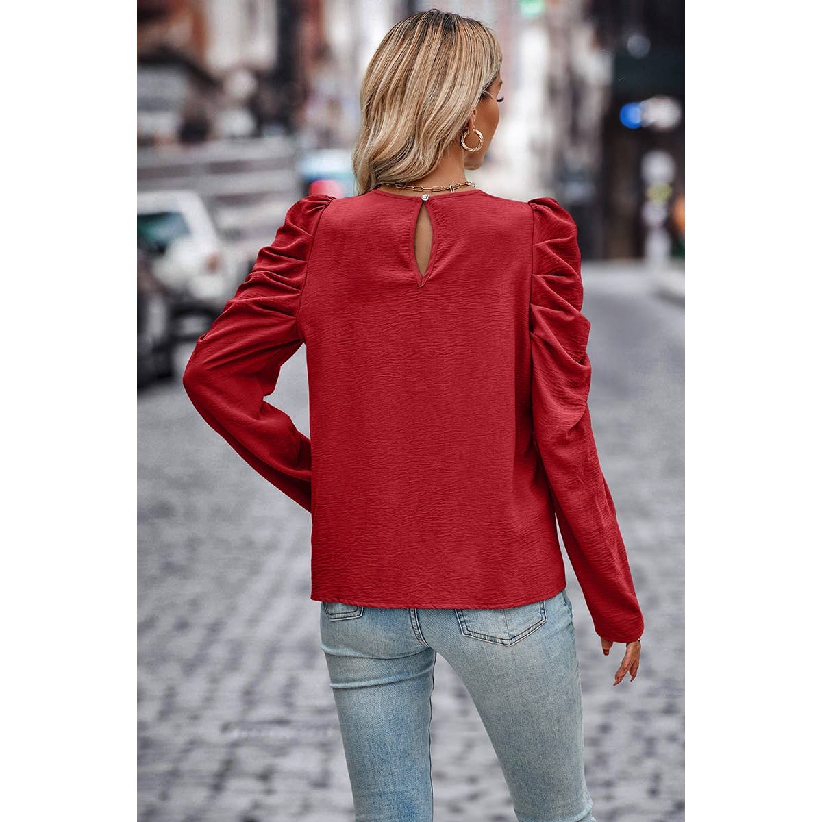 Elegant Mock Neck Pleated Puff Sleeve Loose Blouse