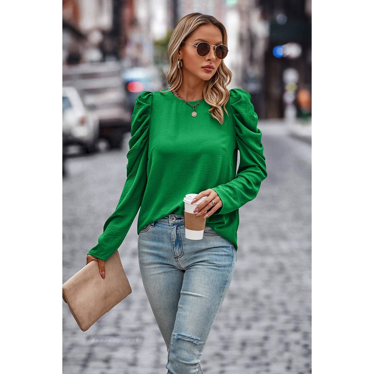 Elegant Mock Neck Pleated Puff Sleeve Loose Blouse