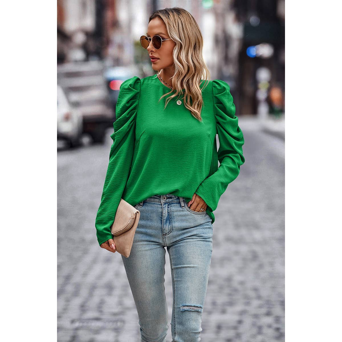 Elegant Mock Neck Pleated Puff Sleeve Loose Blouse