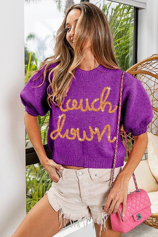 Touchdown Metallic Letter Puff Sleeve Sweater: PURPLE&GOLD