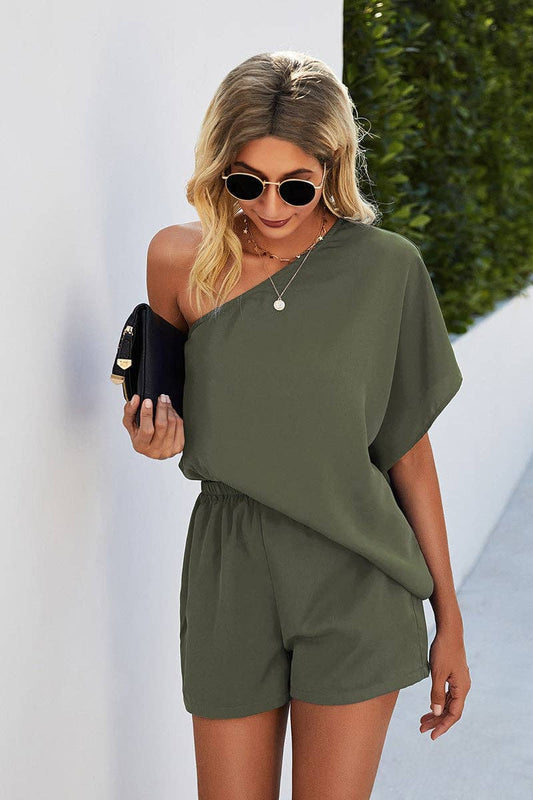 One Shoulder Solid Drawstring Romper