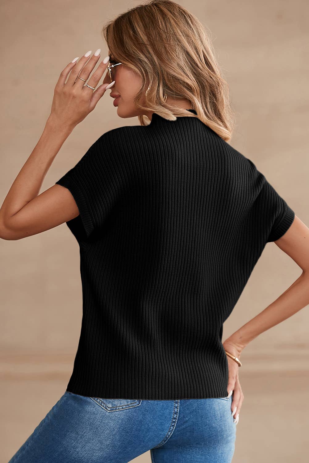 Patch Pocket Ribbed Knit Short Sleeve Sweater