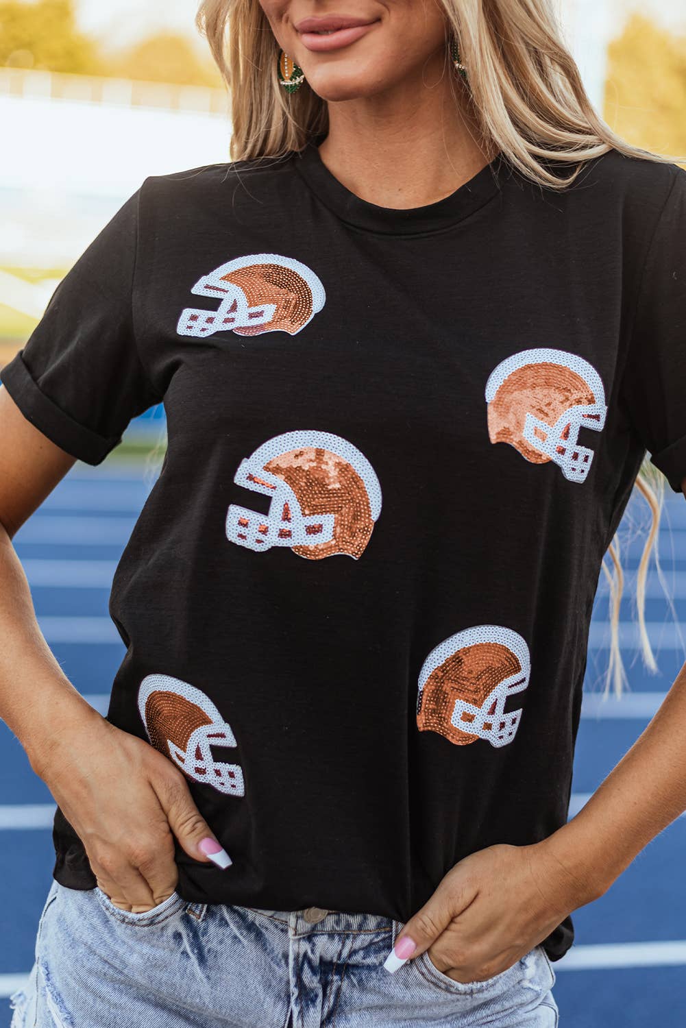 Game Day Sequin Rugby Helmet Graphic T Shirt | S-2XL