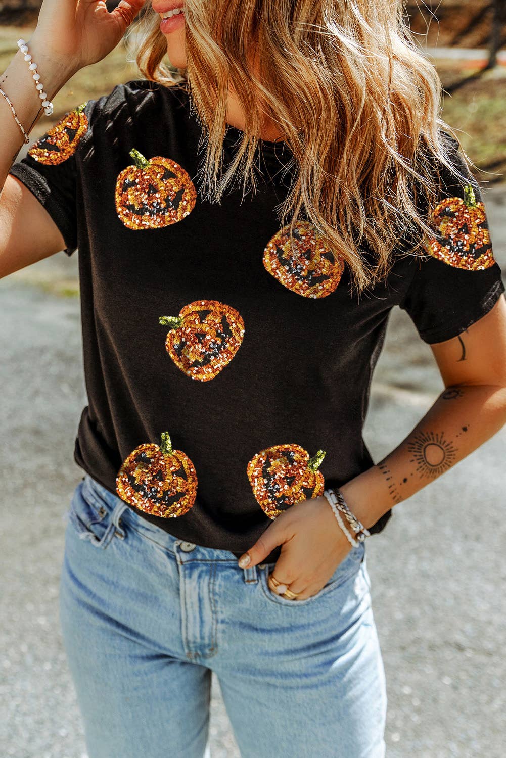 Sequin Pumpkin Face Halloween T Shirt