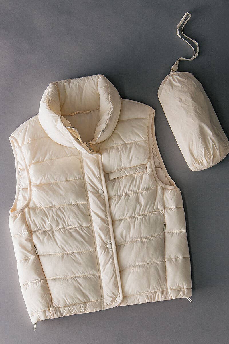 STRIPE QUILTED STAND COLLAR PADDED VEST JACKET