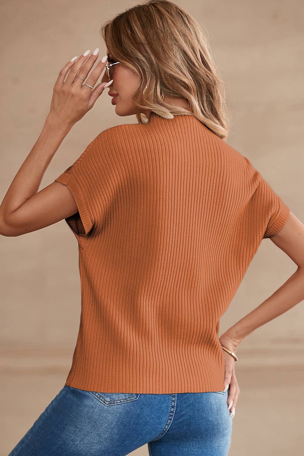 Patch Pocket Ribbed Knit Short Sleeve Sweater