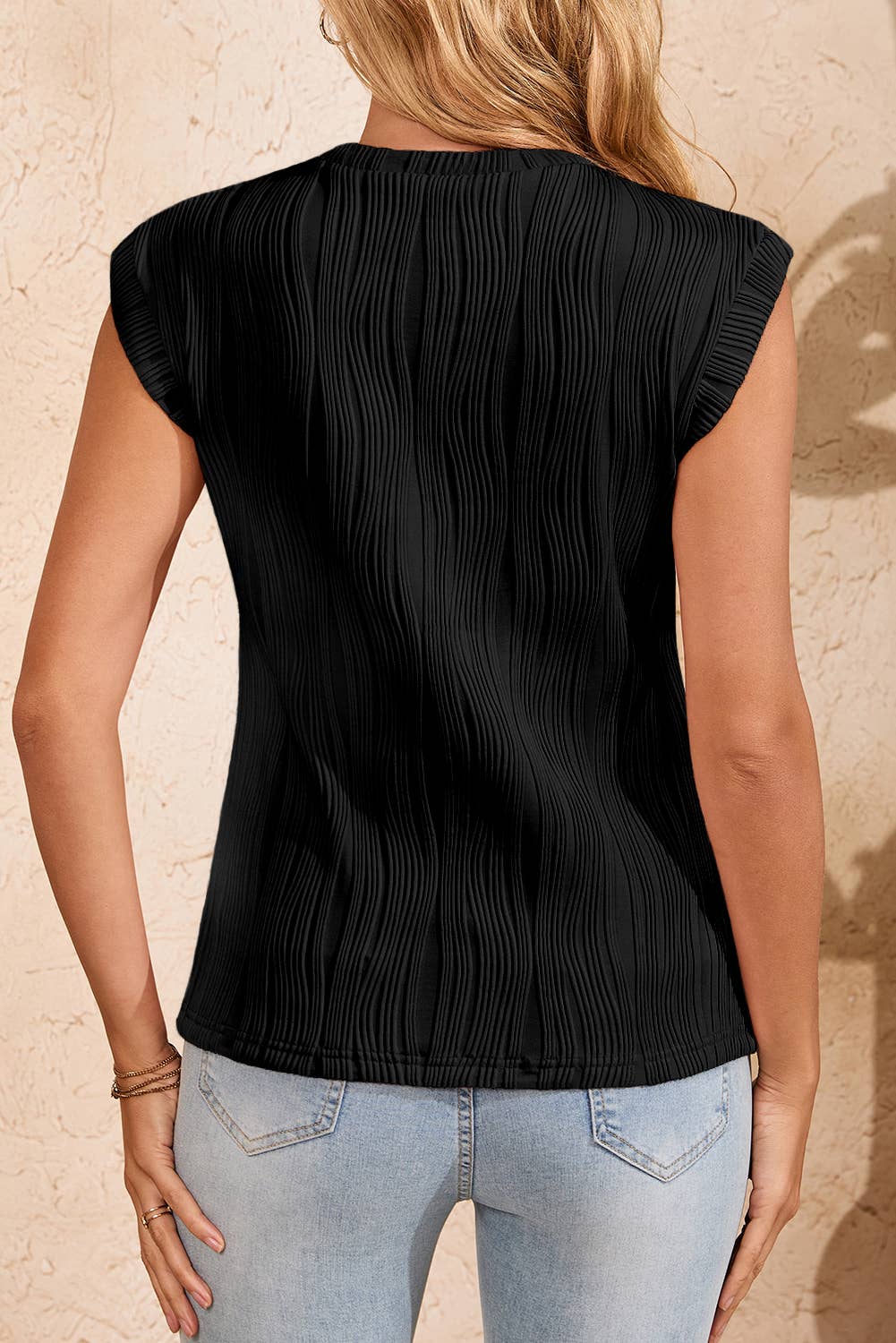 Women Casual Wavy Texture Cap Sleeve Top | S-2XL