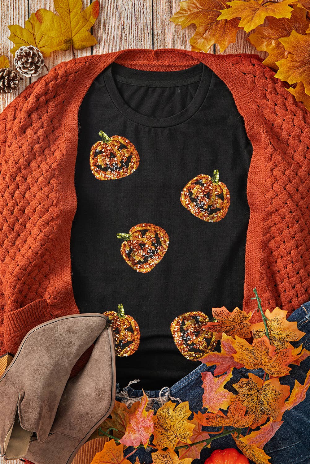 Sequin Pumpkin Face Halloween T Shirt