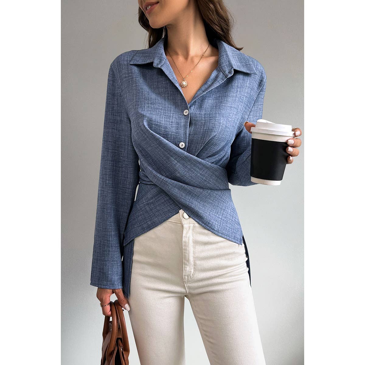 Solid Cross Button Down Fit Long Sleeves Blouse