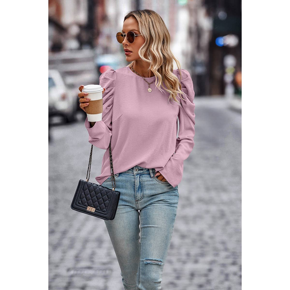 Elegant Mock Neck Pleated Puff Sleeve Loose Blouse