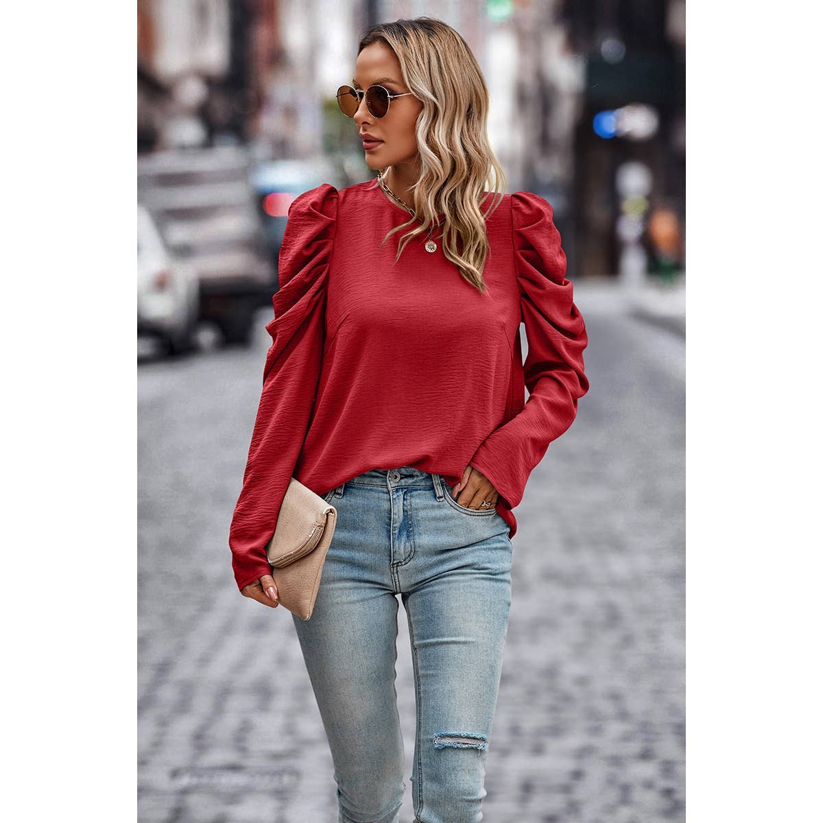 Elegant Mock Neck Pleated Puff Sleeve Loose Blouse