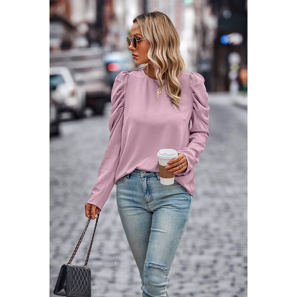 Elegant Mock Neck Pleated Puff Sleeve Loose Blouse