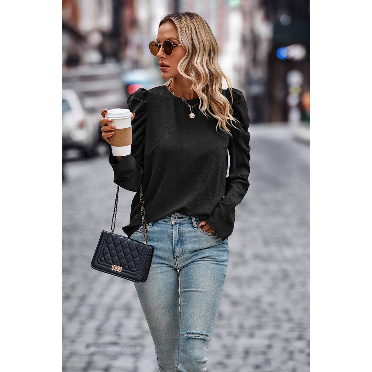 Elegant Mock Neck Pleated Puff Sleeve Loose Blouse