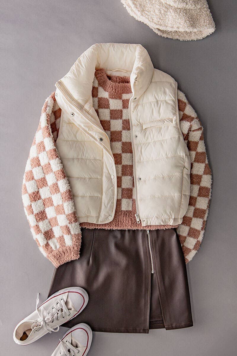 STRIPE QUILTED STAND COLLAR PADDED VEST JACKET