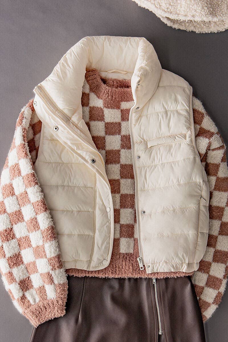 STRIPE QUILTED STAND COLLAR PADDED VEST JACKET