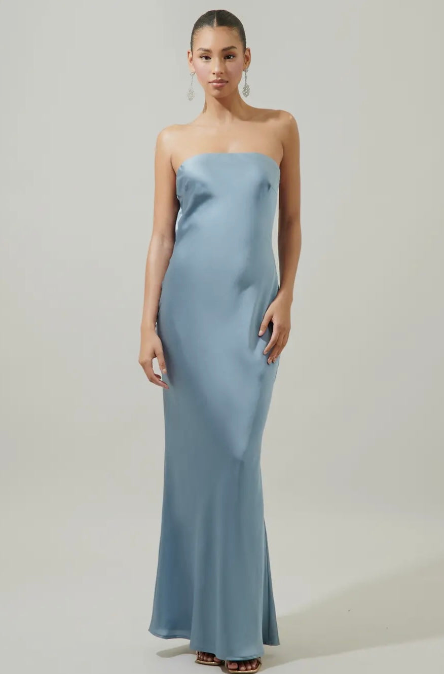 Infinite Strapless Open Back Satin Maxi Dress