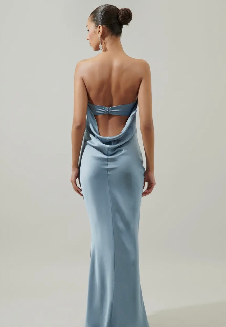 Infinite Strapless Open Back Satin Maxi Dress