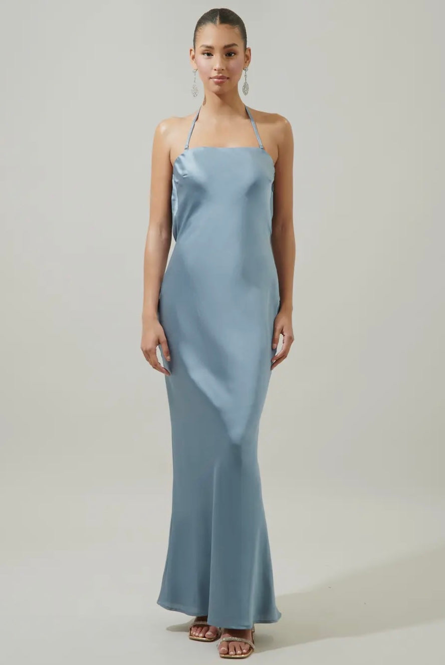 Infinite Strapless Open Back Satin Maxi Dress