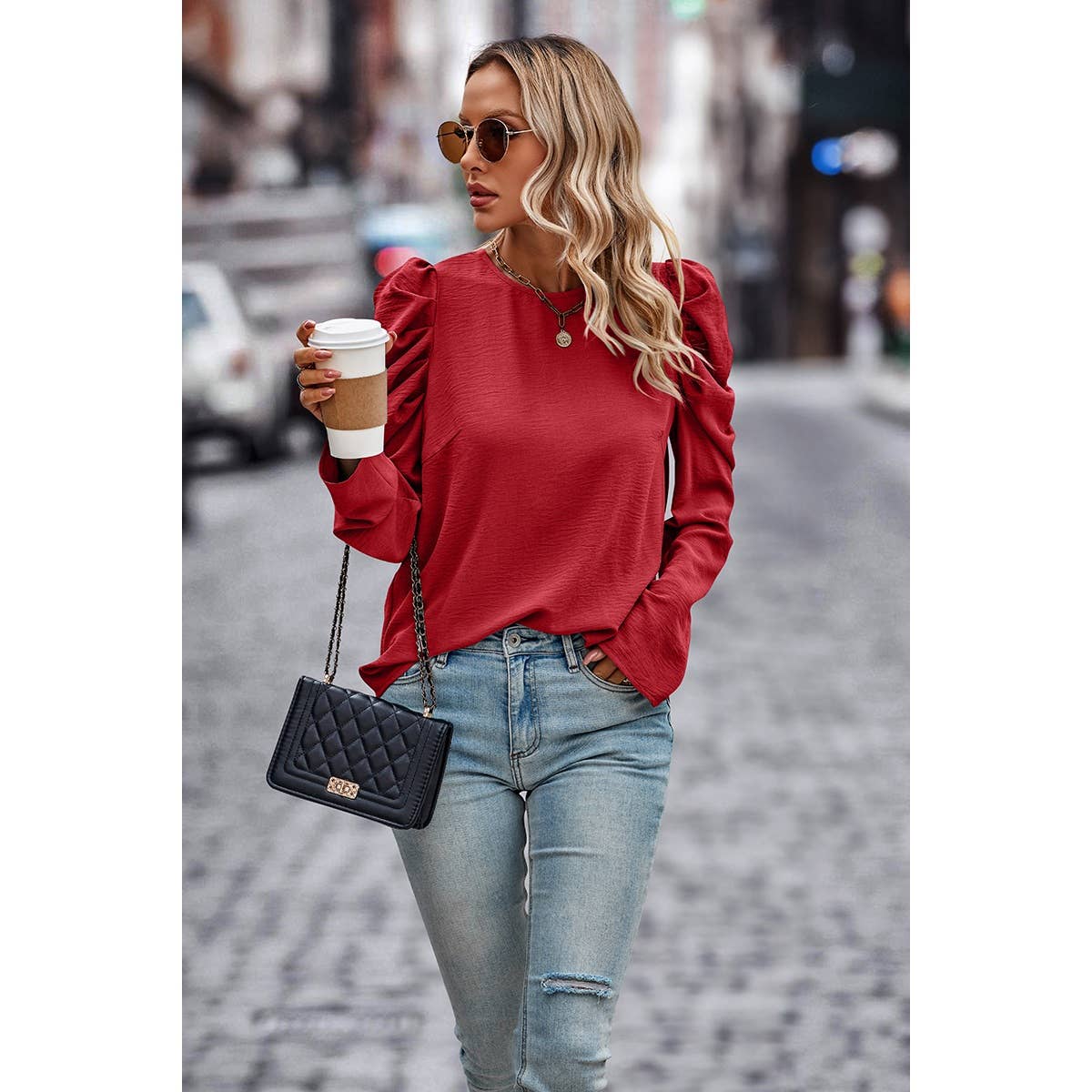 Elegant Mock Neck Pleated Puff Sleeve Loose Blouse