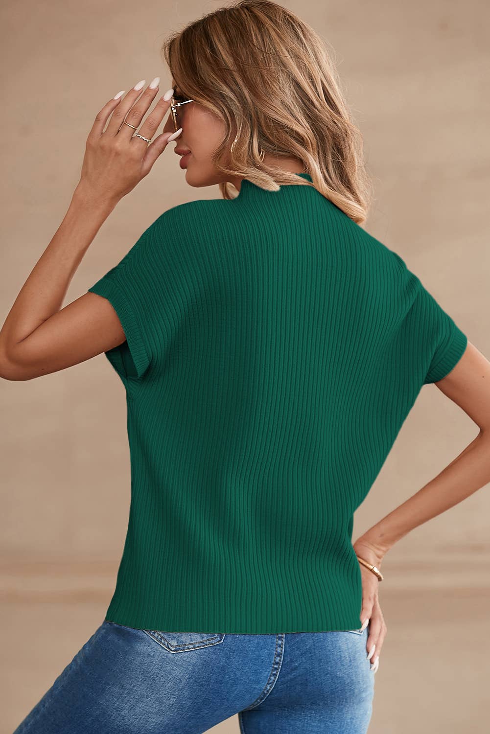 Patch Pocket Ribbed Knit Short Sleeve Sweater