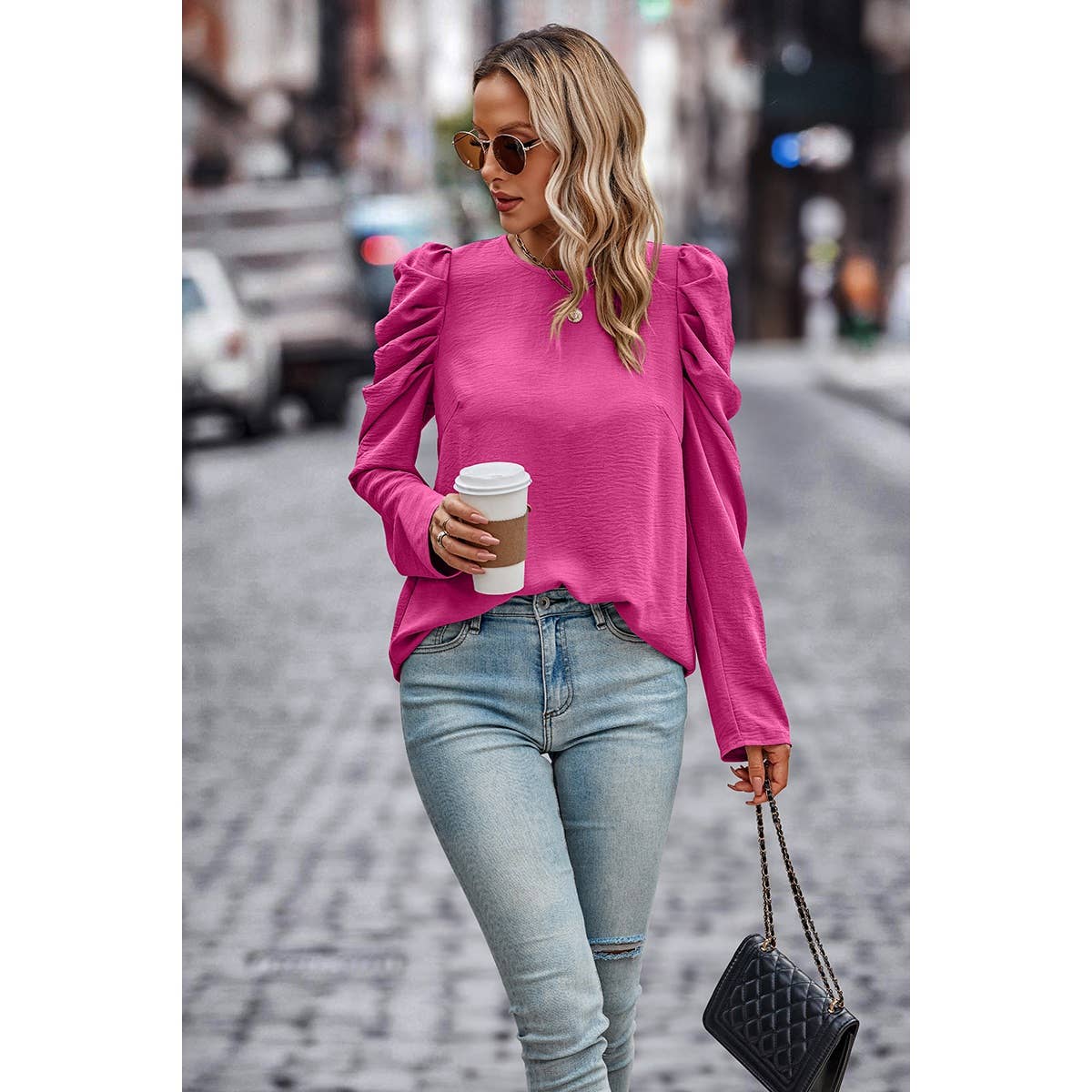 Elegant Mock Neck Pleated Puff Sleeve Loose Blouse