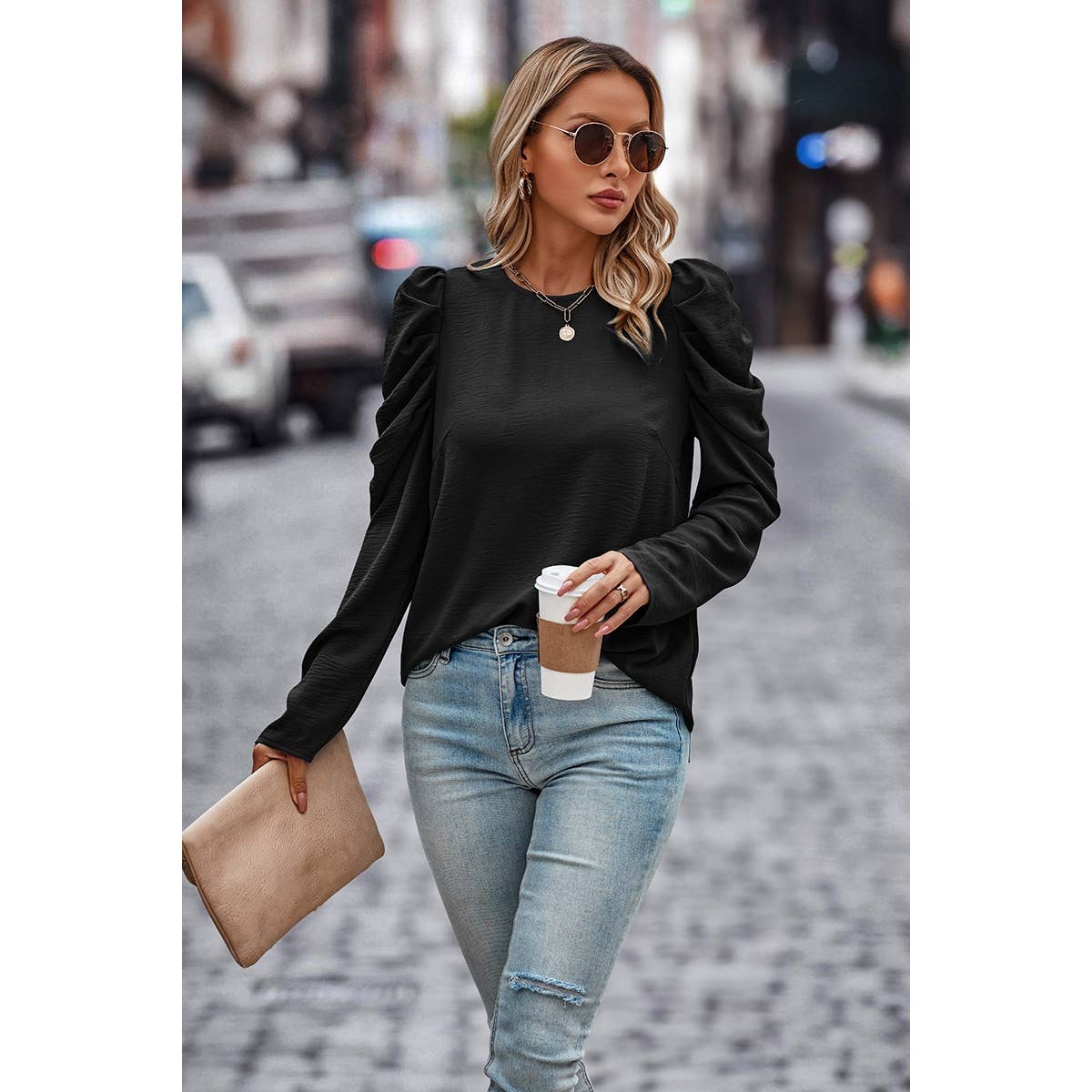 Elegant Mock Neck Pleated Puff Sleeve Loose Blouse