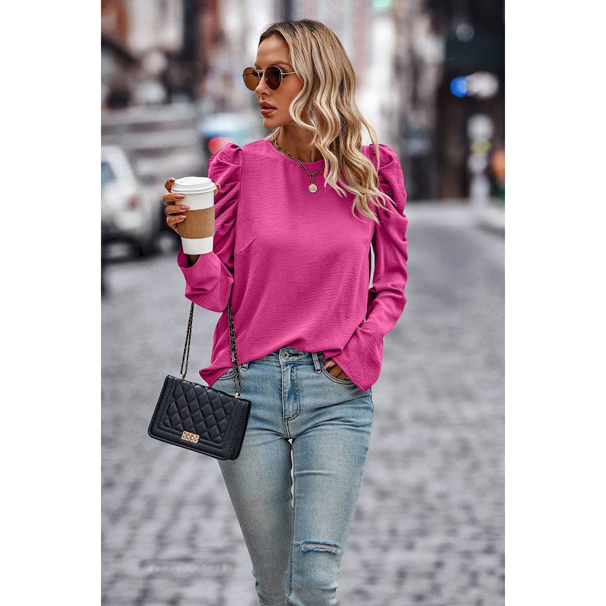 Elegant Mock Neck Pleated Puff Sleeve Loose Blouse