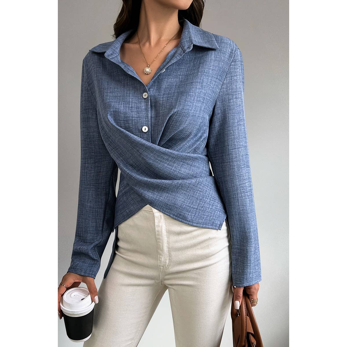 Solid Cross Button Down Fit Long Sleeves Blouse